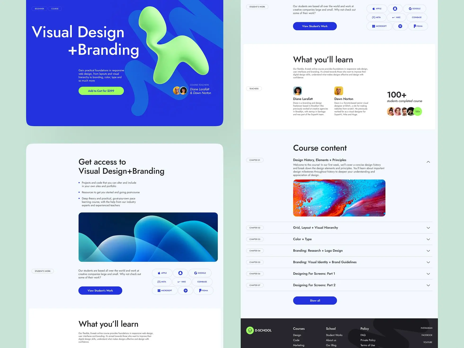 E-learning platform design concept: Screens showing the main design features
