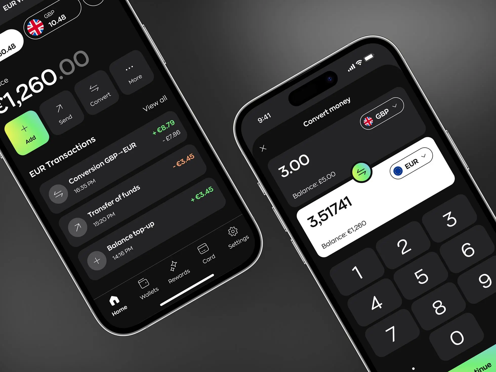 Finance mobile app design concept: Two screens showing the main design features