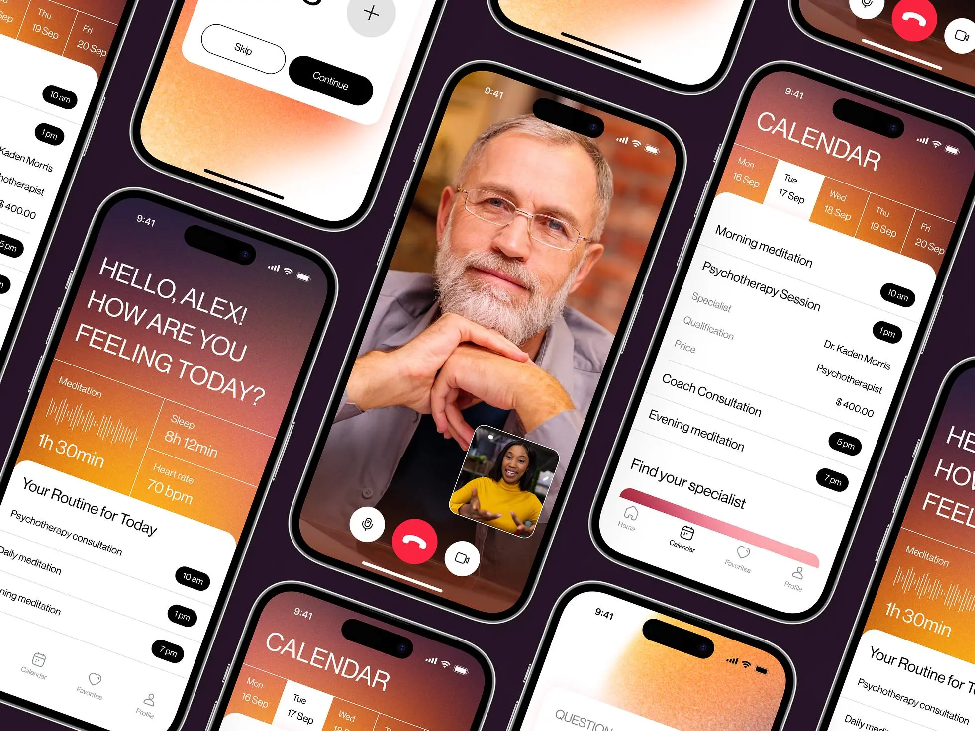 Mental health mobile app design with a light theme with smooth noisy gradients in yellow and purple