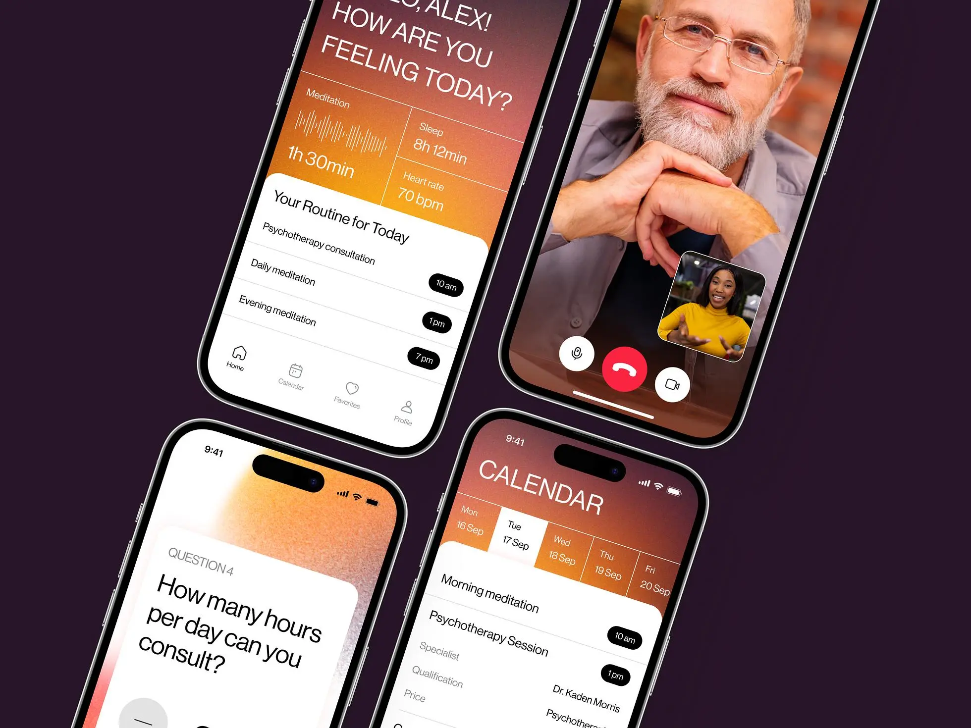 Mental health mobile app design: Screens showing the main design features