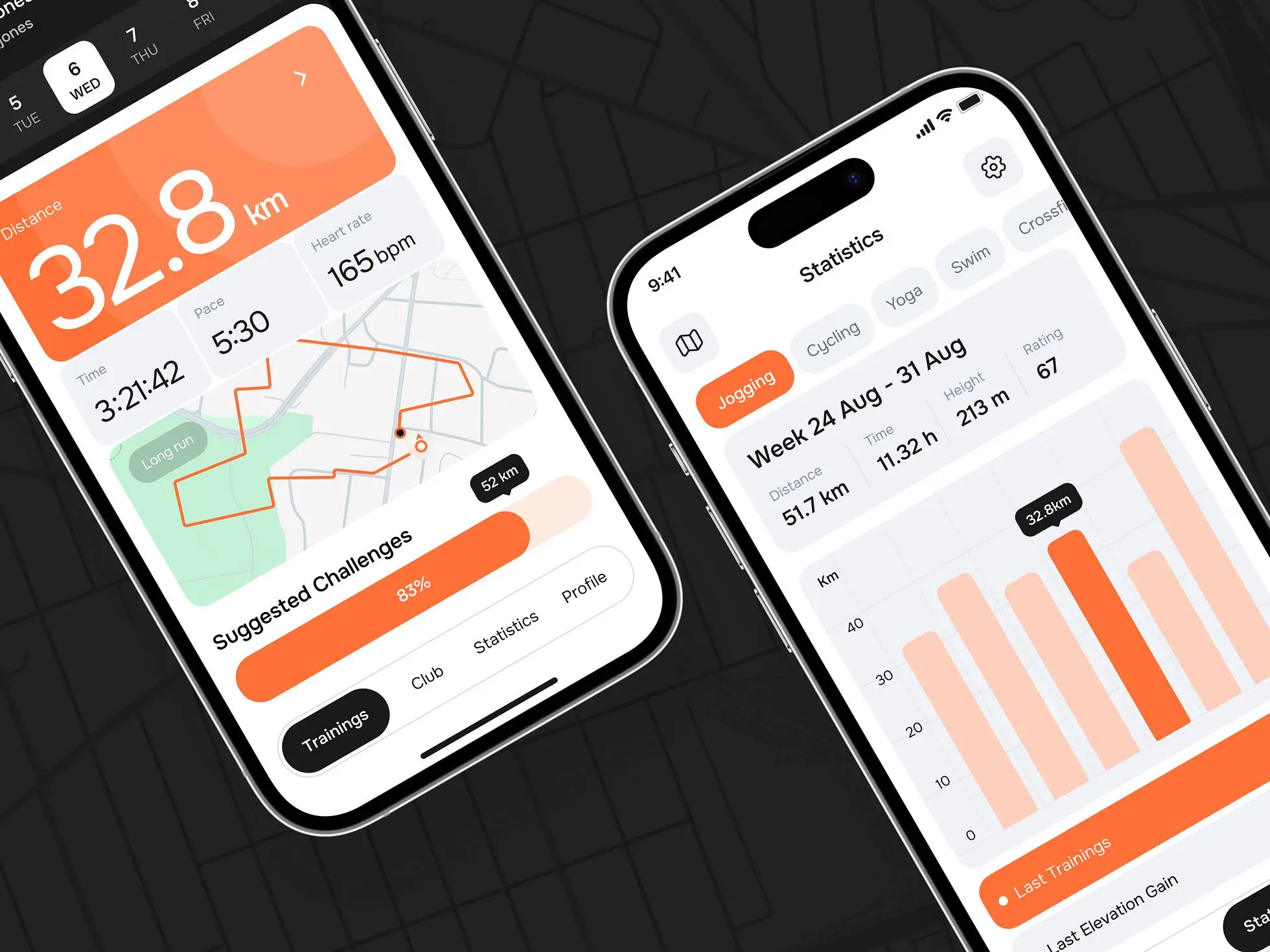 Running mobile app design: Two screens showing the main design features.