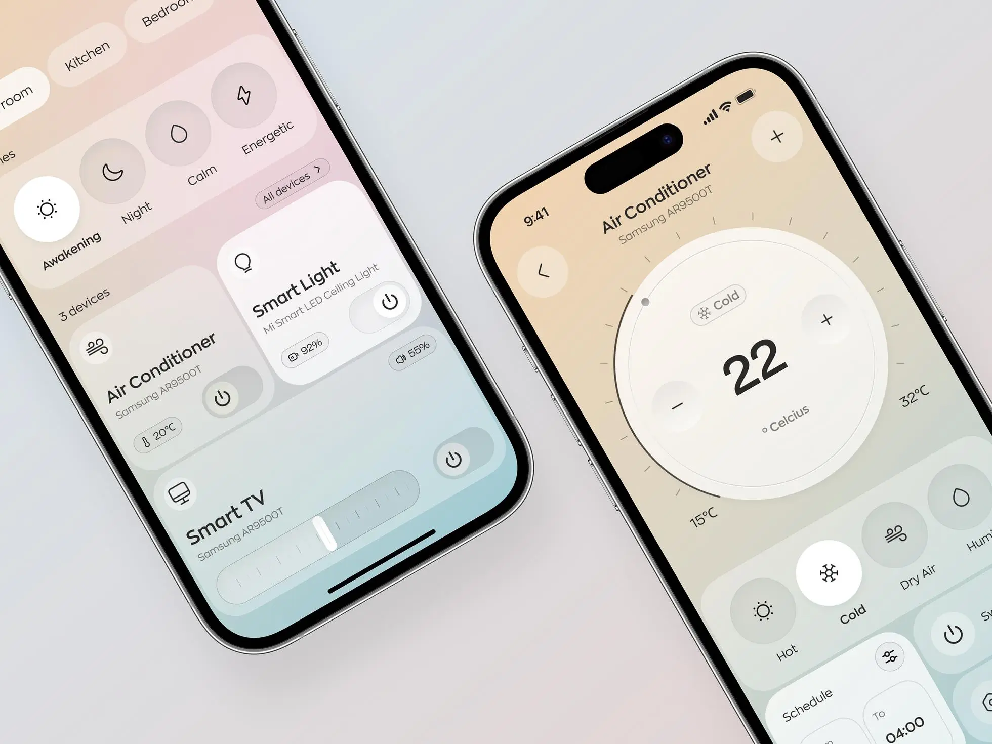Smart home app design concept: Two screens showing the main design features