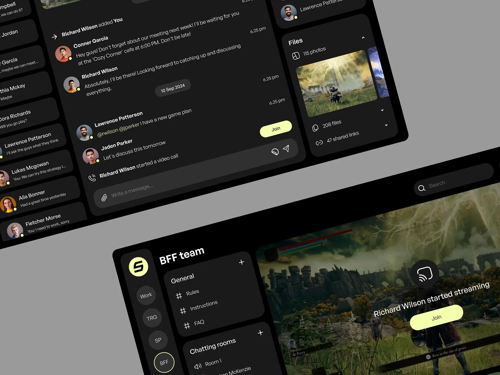 Social media platform design with a dark theme and lemon highlights