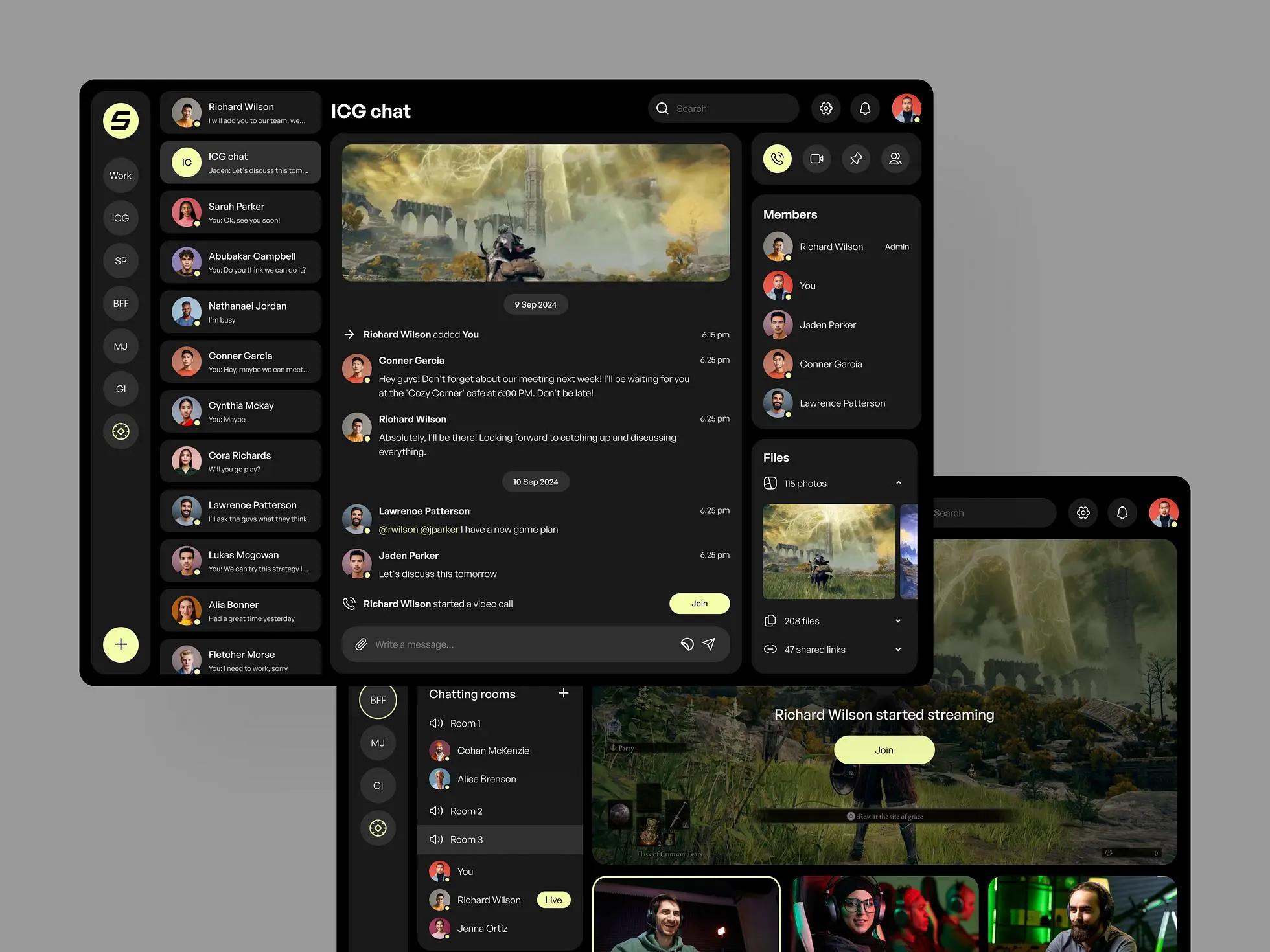 Social media platform design: Two screens showing the main design features
