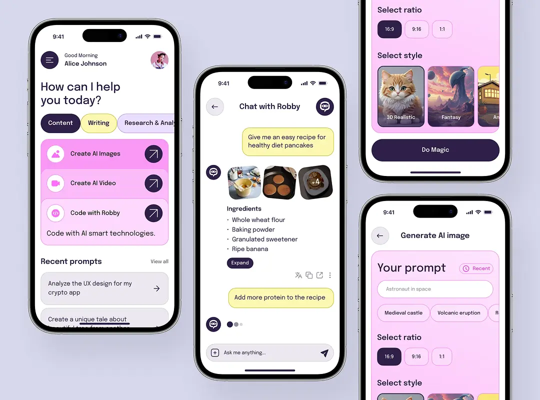 AI app screens: home dashboard, chat assistant, and AI image generator