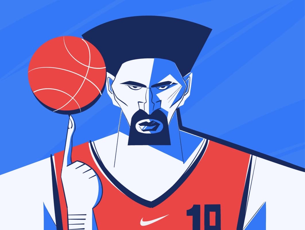 Illustration of a basketball player spinning a ball on his finger, in a blue and red color palette