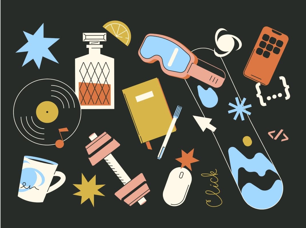 Flat icon illustrations of lifestyle objects: a drink, vinyl record, notebook, dumbbell, VR headset, and phone