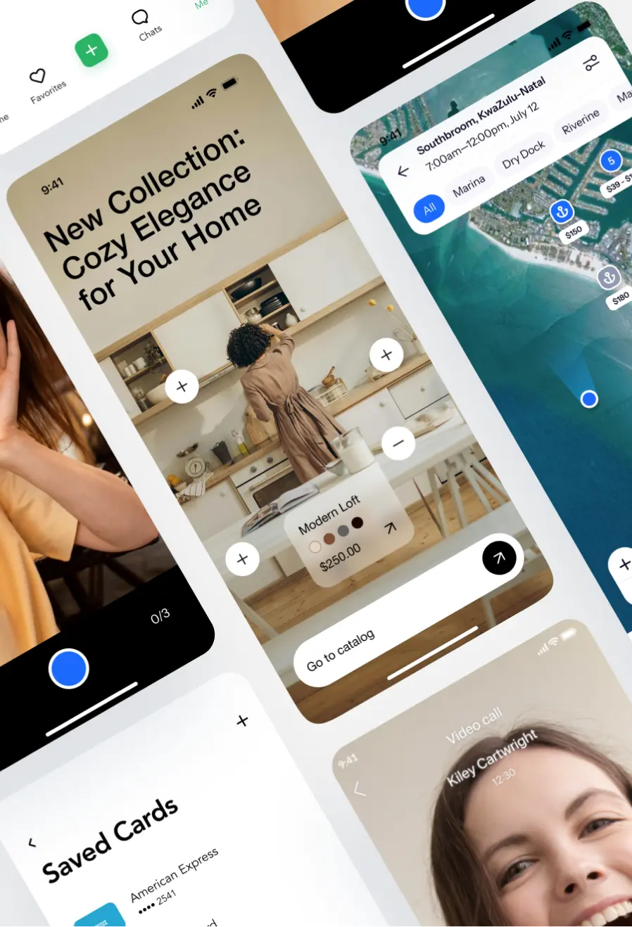 React Native app screens by Ronas IT — shopping catalog, map-based booking, saved payment cards, and a video call