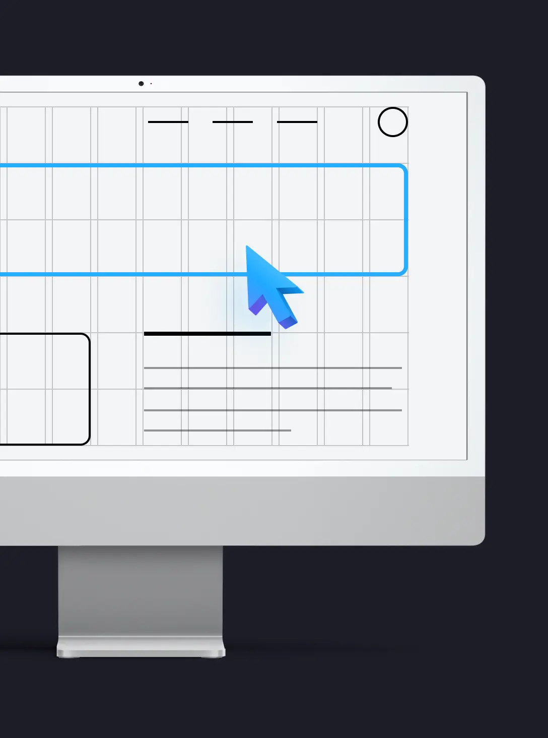 Illustration of a desktop monitor displaying a wireframe grid layout with a cursor selecting a content block