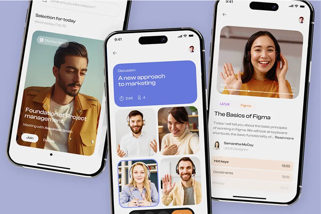 Video course platform app screens: course feed, video call, and a Figma lesson