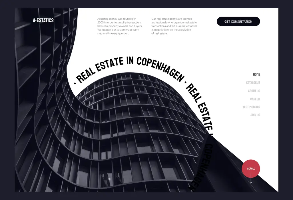 Main page of a real estate agency website UI/UX design. There is a large picture of a building with circular text that says 'Real Estate in Copenhagen,' framing the shape of the building in the image. a side menu allows the user to switch to the catalog.