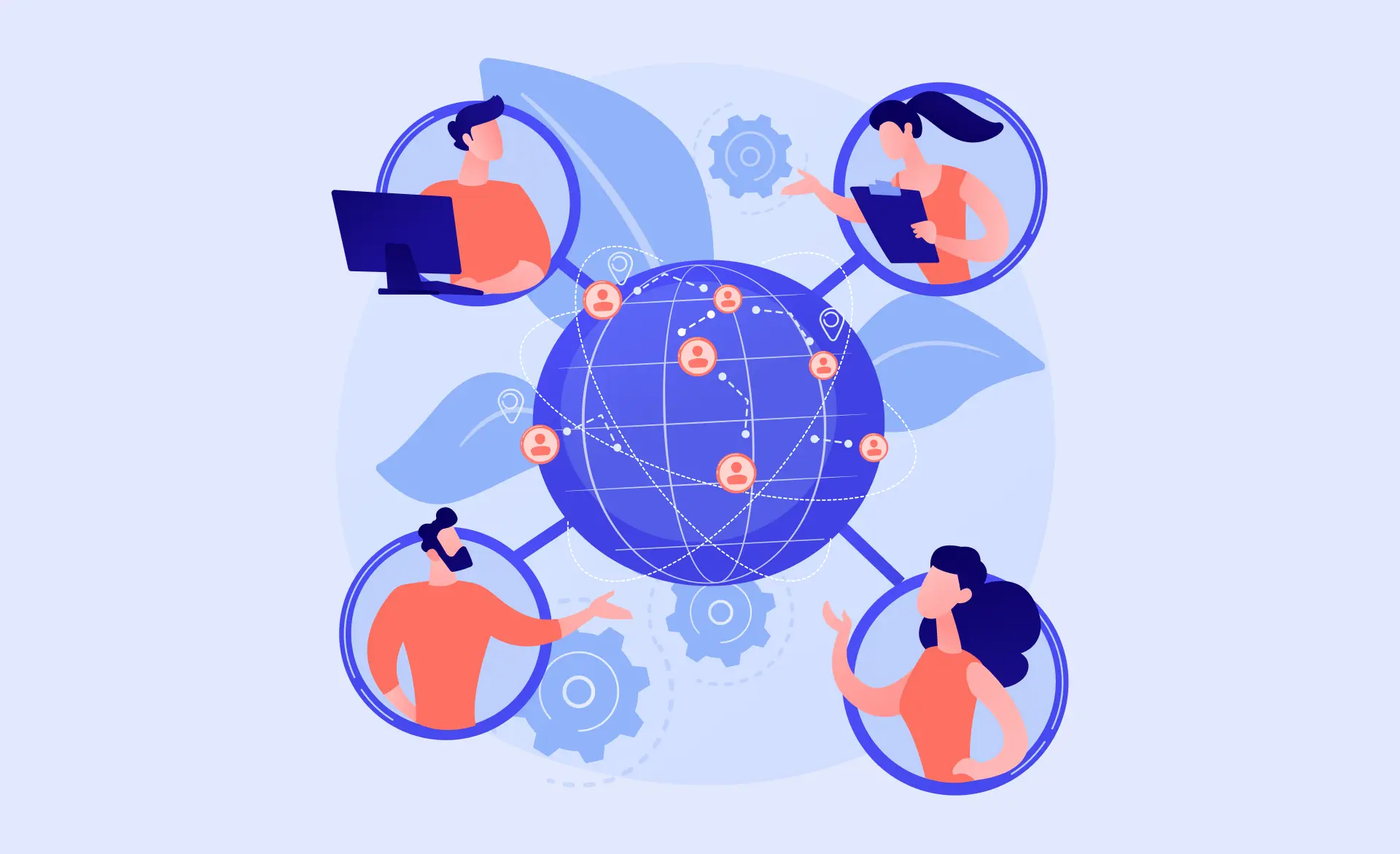 The cover of the article features circles with people around a globe, on which there are many small icons of people. the people are connected by dotted lines. the illustration reflects the content of the article, which is dedicated to finding an IT outsourcing company.
