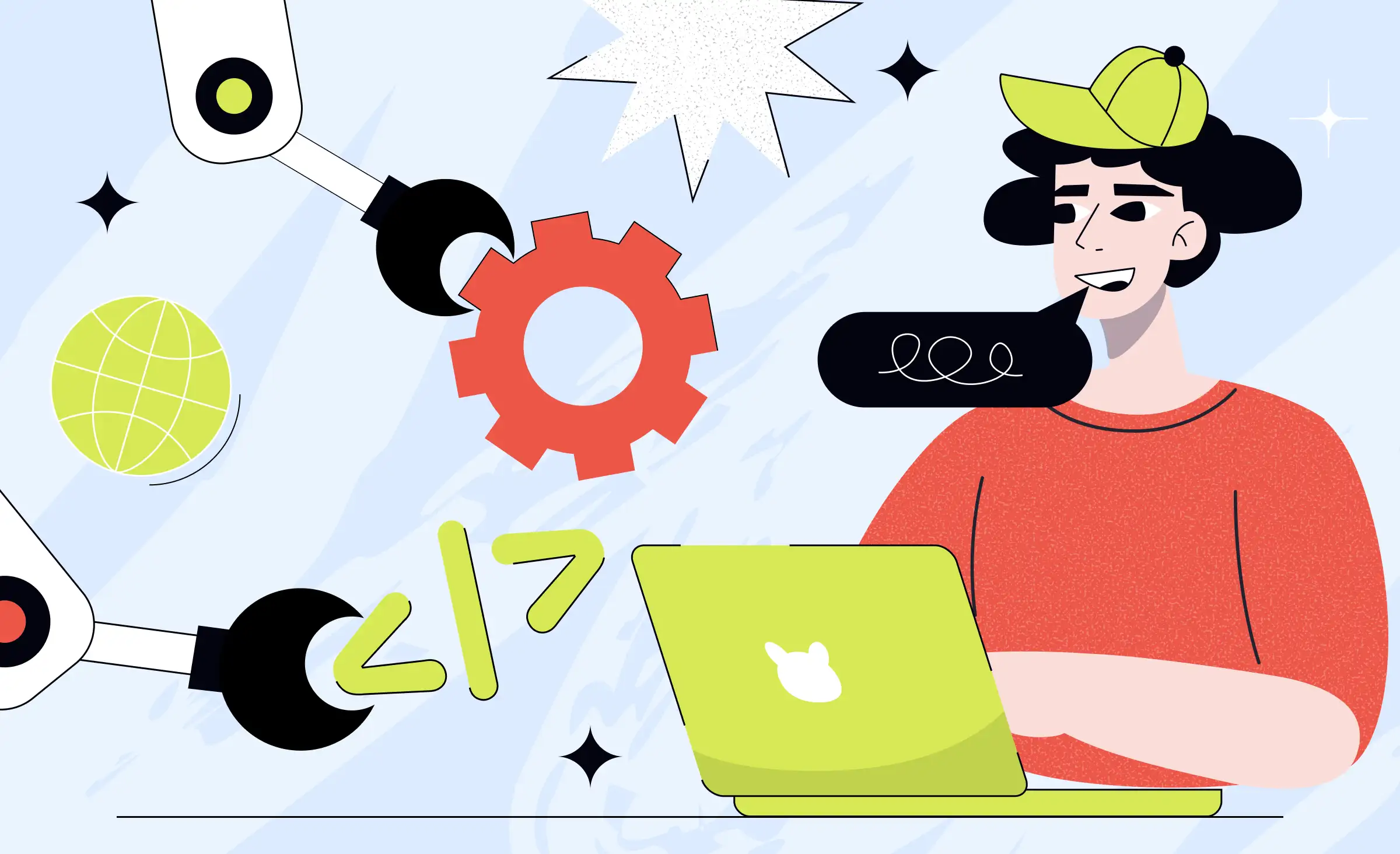 Illustrated cover for an article about AI integration in business, showing a person with dark hair and a green cap working on a yellow-green laptop. Robotic arms hold a red gear, a globe, and code symbols, highlighting AI’s role as opposed to traditional programming. Abstract shapes and a speech bubble suggest communication and technology.