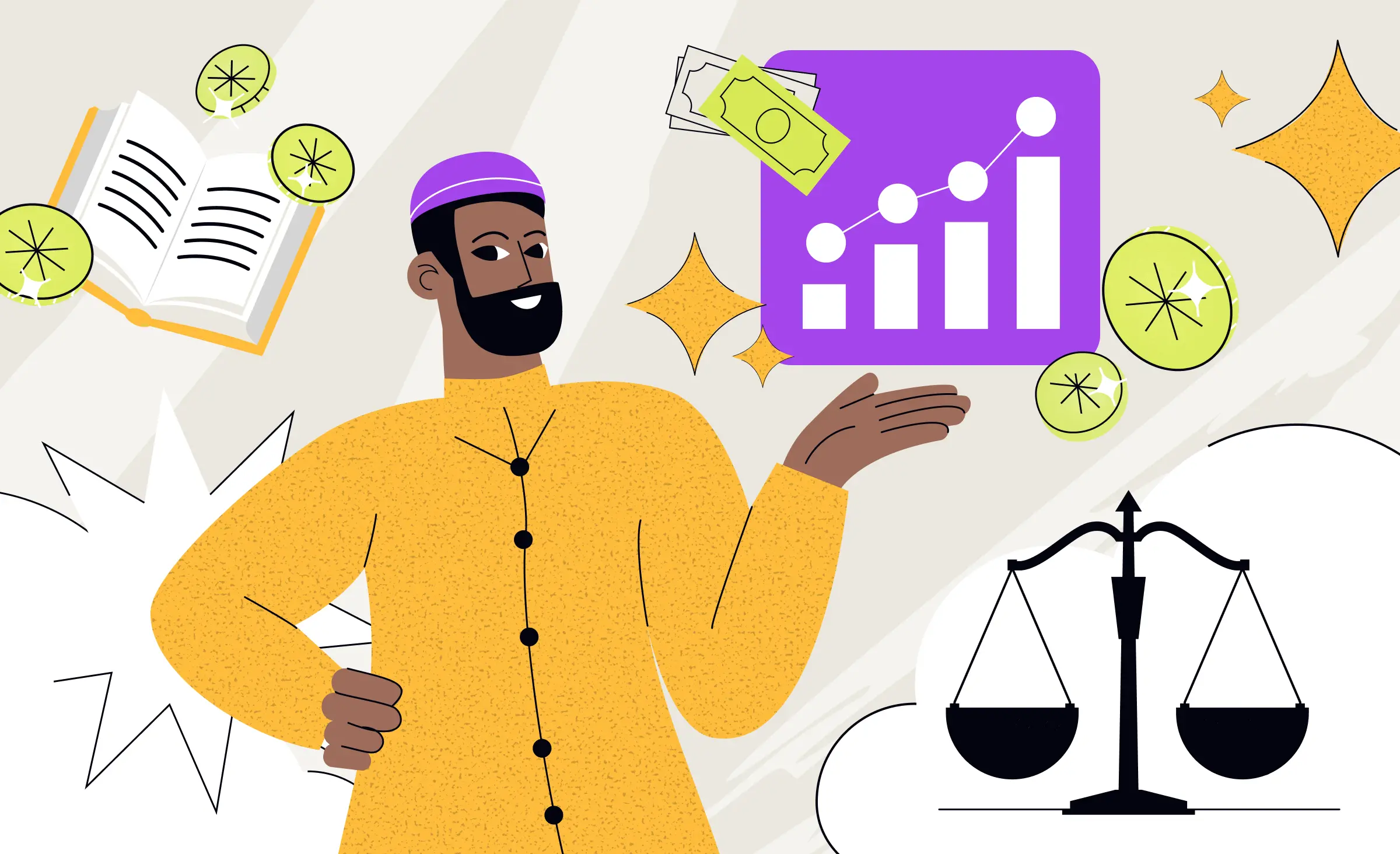 Illustration of a smiling man in traditional MENA attire with icons representing finance, law, and growth around him, symbolizing the concept of FinTech regulatory sandboxes in MENA.