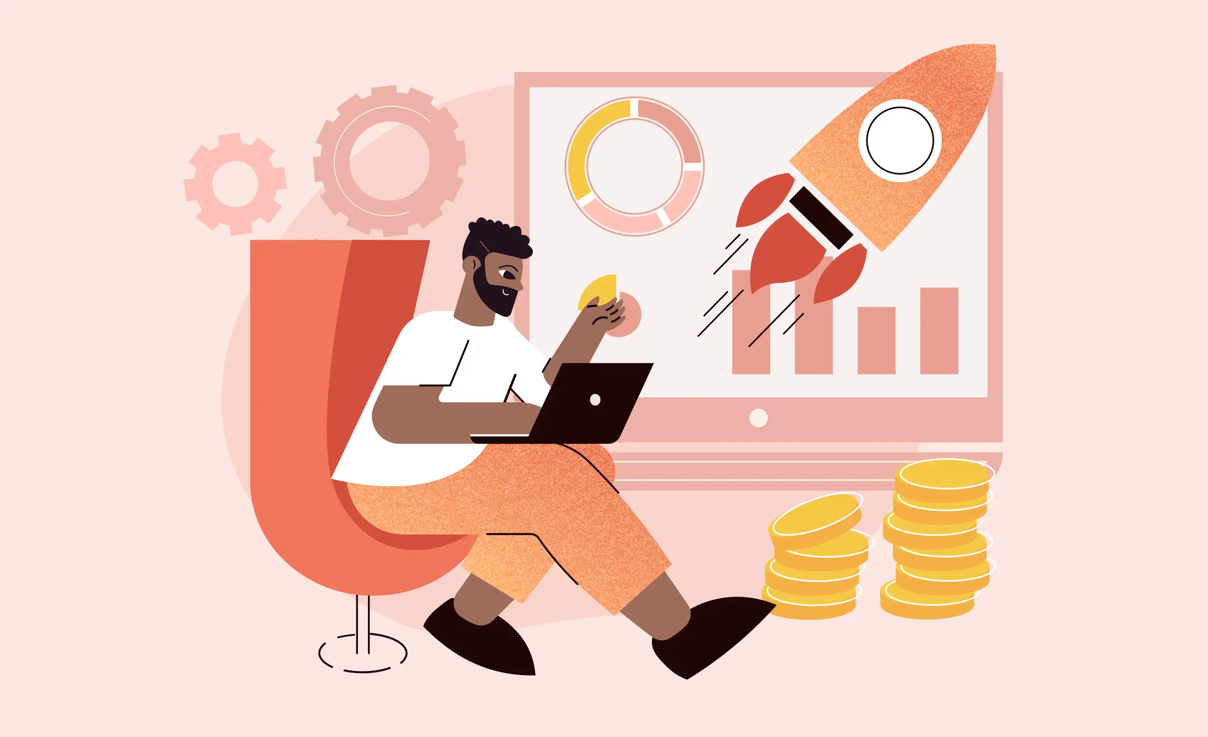 A man sits at a laptop, focusing on his work. His monitor displays a projection of bar and pie charts, showcasing data analysis. in the background, a rocket symbolizes the speed of rapid application development (RAD), while two stacks of coins represent the fruitful outcomes this methodology can achieve.