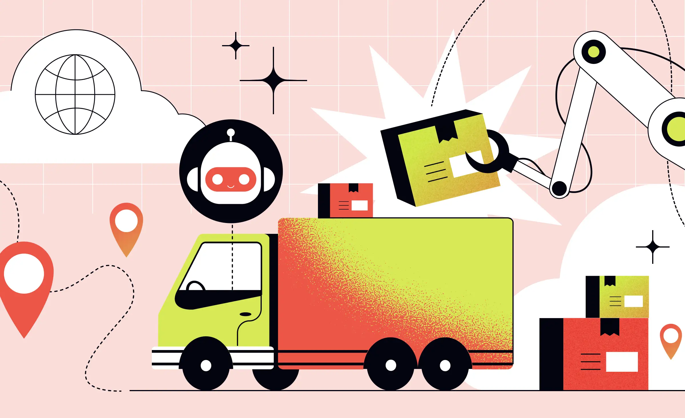 Illustration showing a delivery truck, robotic arm moving packages, a smiling robot icon, and location markers, symbolizing AI for supply chain optimization in logistics and automated package handling.