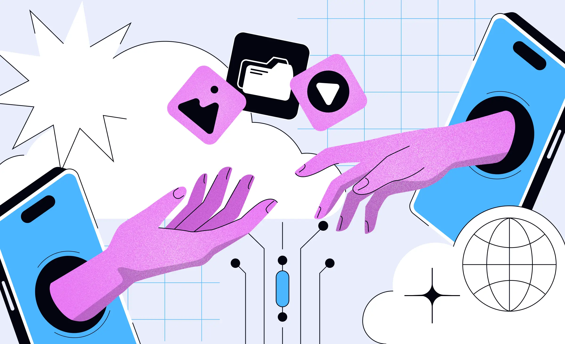 On the cover of the article dedicated to the benefits of serverless computing, two hands are shown reaching out to each other from two phone screens. Between them are icons of an image, an audio file, and a file folder.