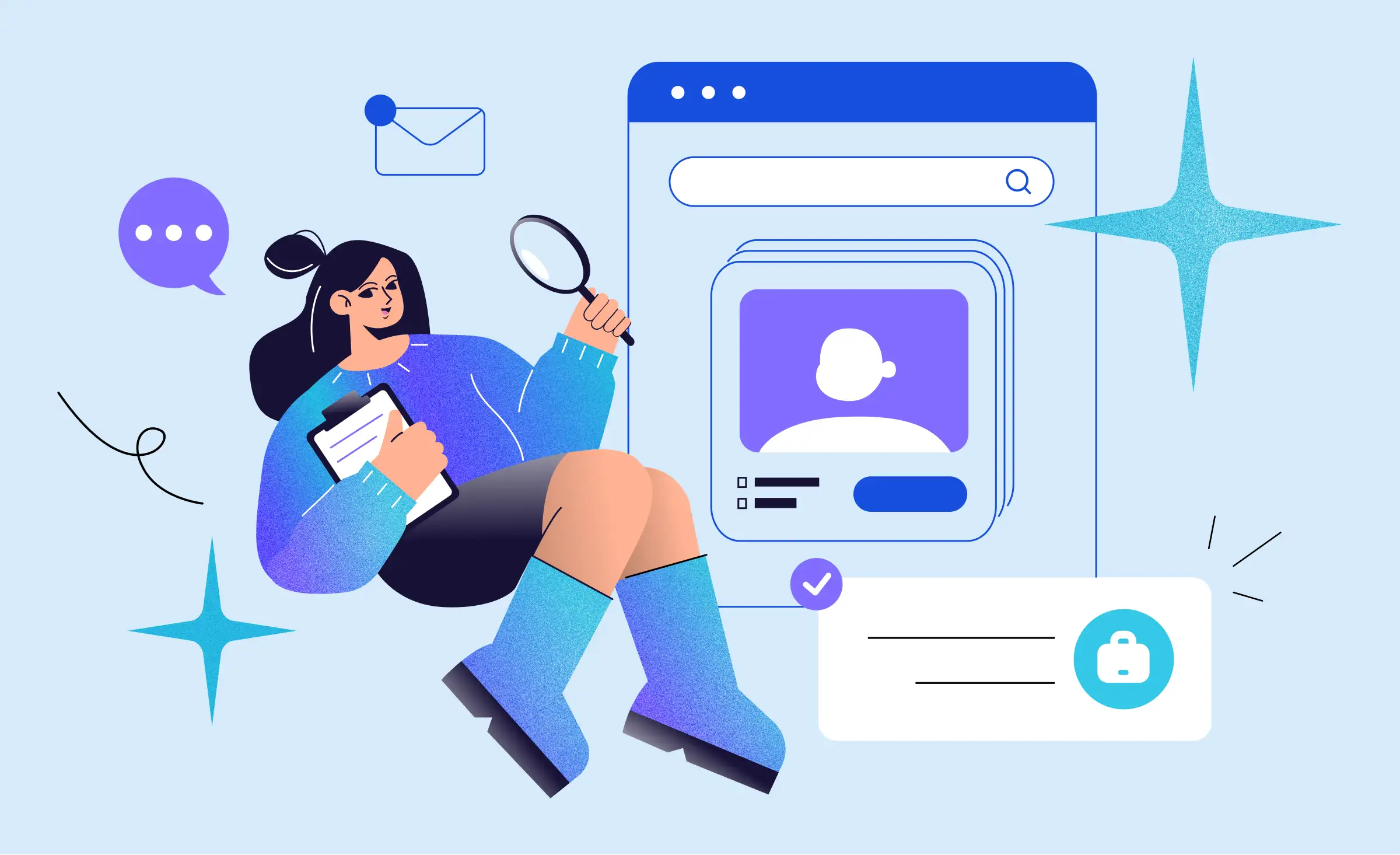 The cover of the article features a girl holding a clipboard and a magnifying glass, studying a job search app interface. the image symbolizes the process of using a job search app by a recruiter.