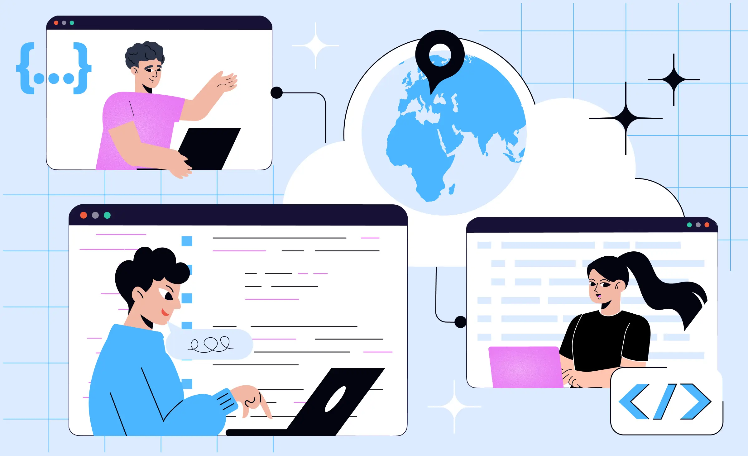 Illustration of software developers collaborating virtually from different locations, connected by a map pinpointing Eastern Europe, symbolizing remote teamwork in eastern europe software development.