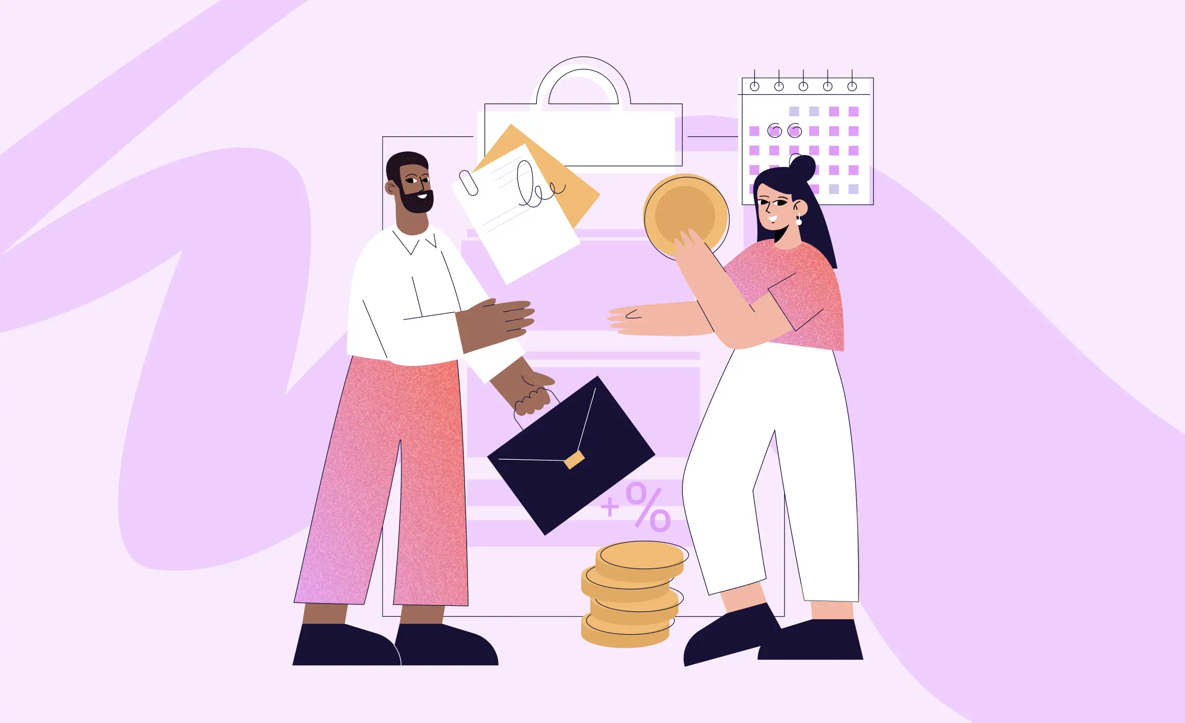 Article cover depicts a man and a woman. the man is holding a briefcase, and the woman is holding a large coin. a pile of coins sits on the floor. in the background, schematic pictures of a percentage sign accompanied by a plus sign indicates an increase in income. a clipboard with a document and a calendar are also visible. These elements represent the fintech industry, as the article focuses on choosing the right fintech software development company.