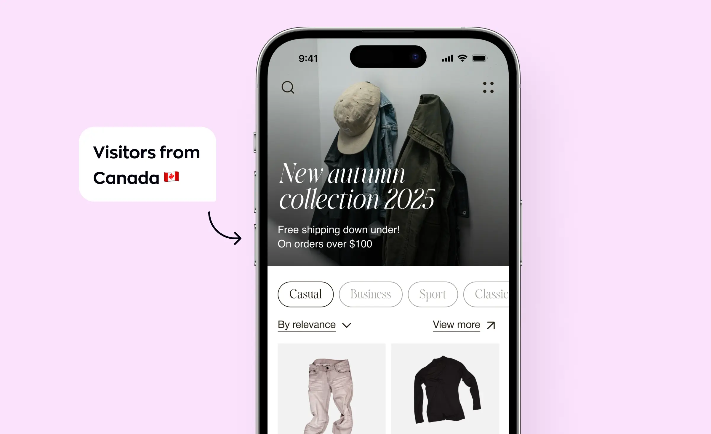 Smartphone screen showing a personalized e-commerce homepage for visitors from Canada, featuring curated product recommendations and shipping offers, demonstrating the impact of AI-driven recommendation systems e-commerce on user experience.