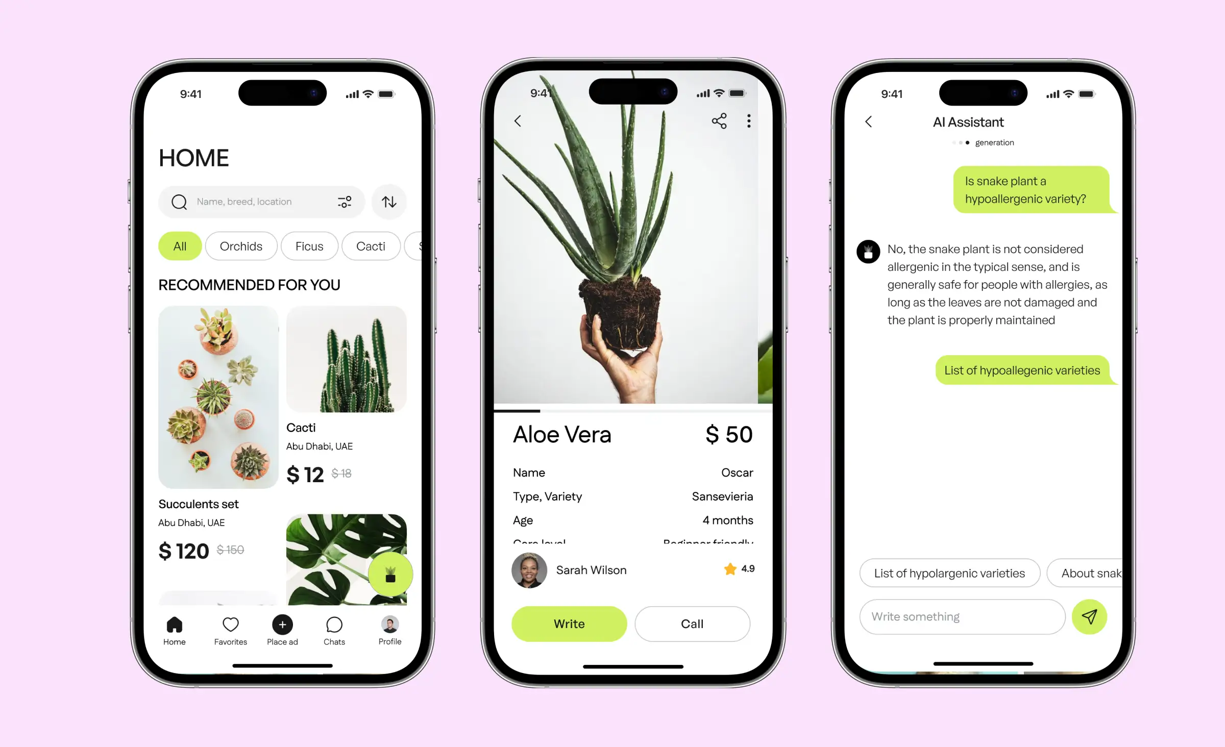 Three mobile screens display an e-commerce app with personalized plant recommendations, product details, and a built-in AI assistant chat, illustrating the power of AI-driven recommendation systems e-commerce for tailored shopping and customer support.