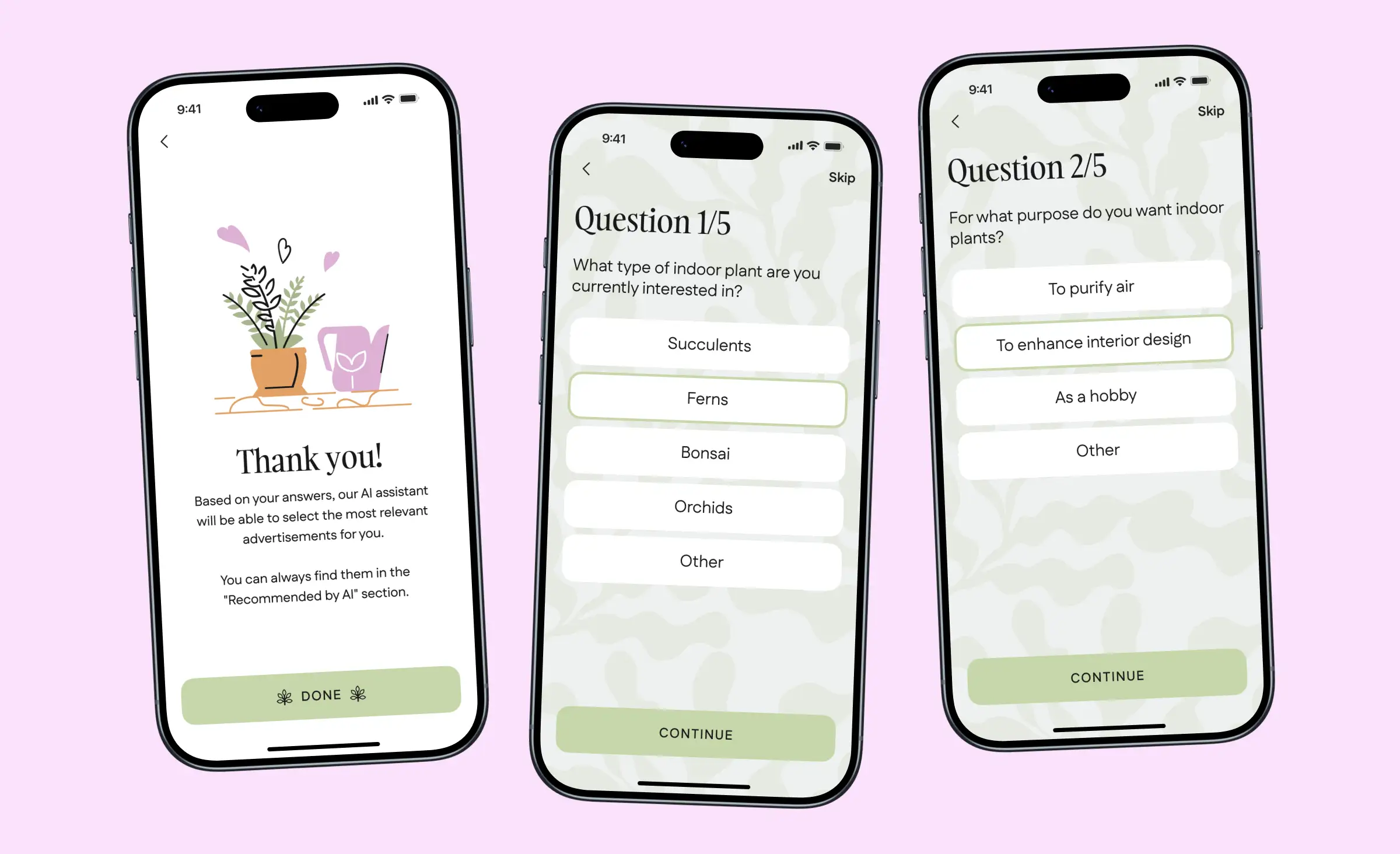 Three mobile screens showing an onboarding questionnaire for plant preferences, with a thank you message and multiple choice questions, demonstrating how AI-driven recommendation systems e-commerce collect user input to provide personalized product suggestions.