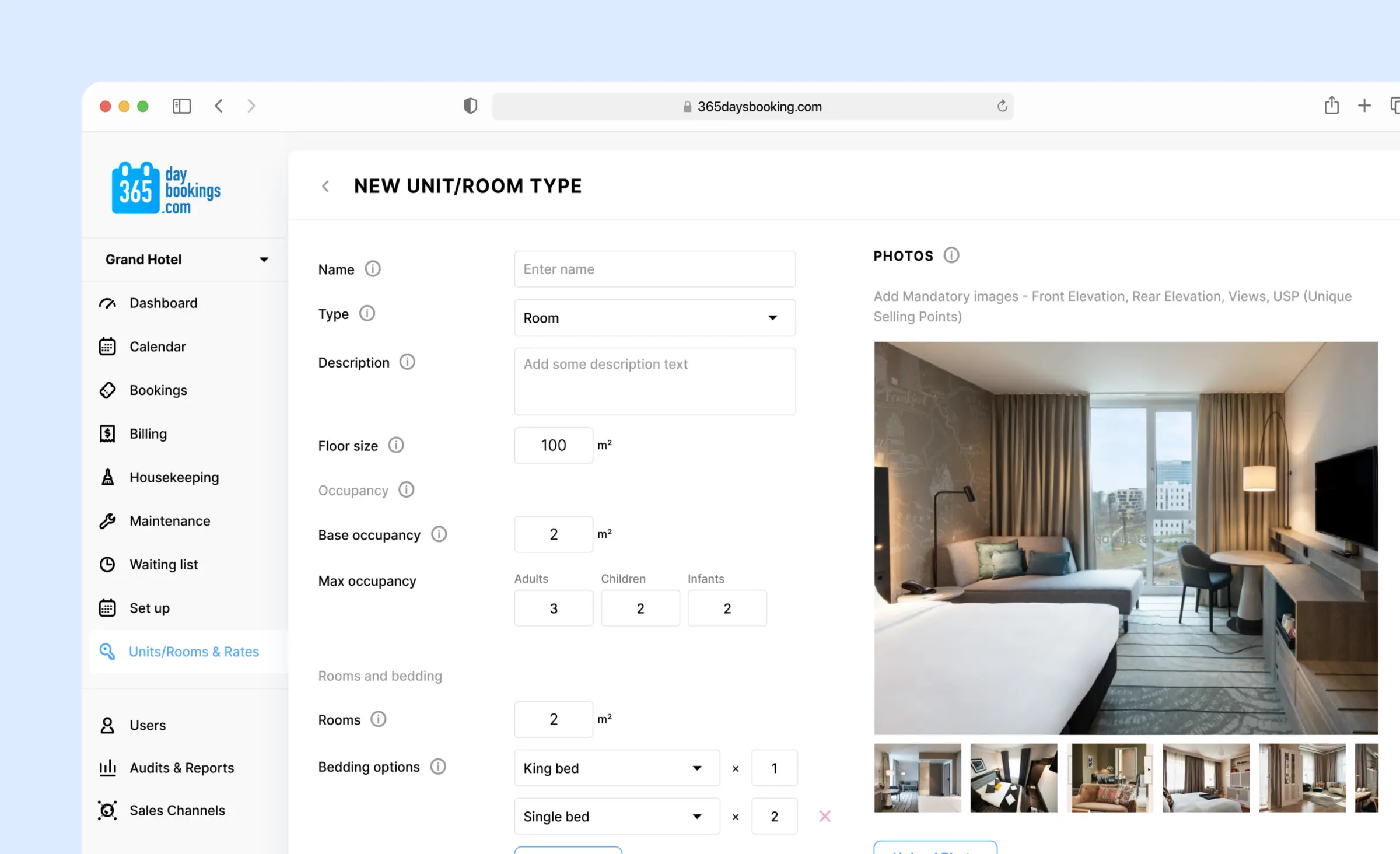 Screenshot of a hotel management web application showing the process of adding a new unit or room type. The interface includes fields for the room name, type, description, floor size, occupancy, number of rooms, bedding options, and a photo upload section with images of a hotel room and various room features on the right.