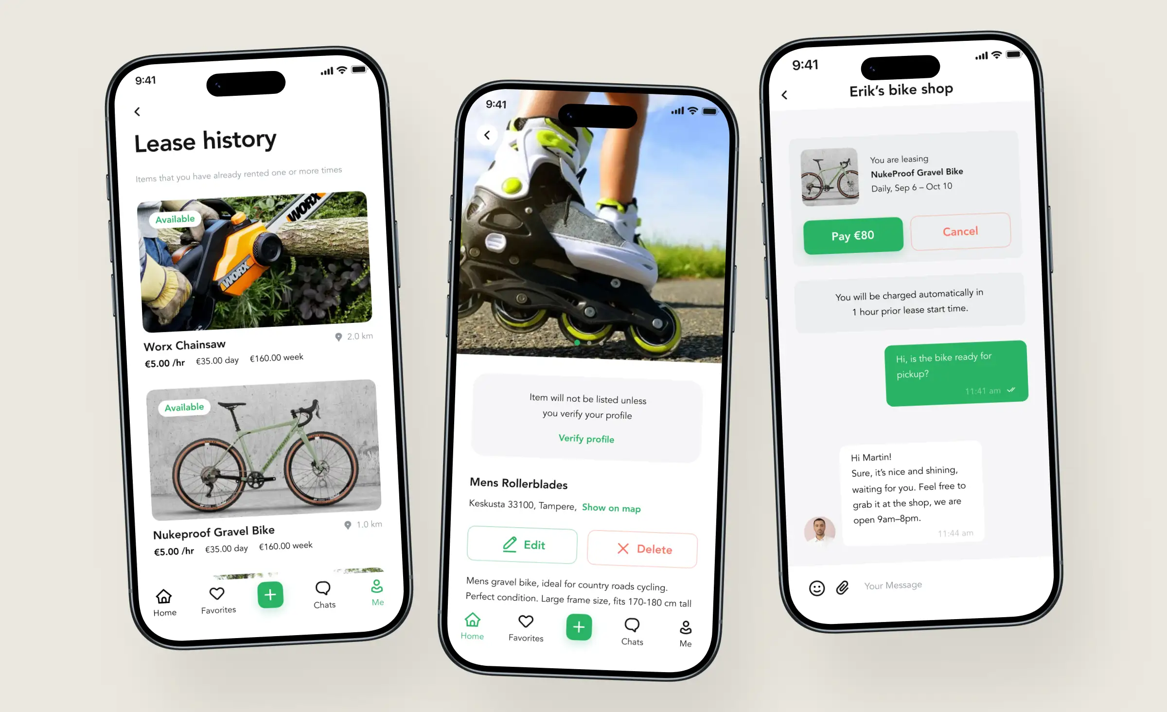 Three mobile phone screenshots from the Lainappi rental service app, showcasing its user interface. The images display (from left to right): a "Lease history" screen, a detailed item listing, and a chat conversation related to a rental.