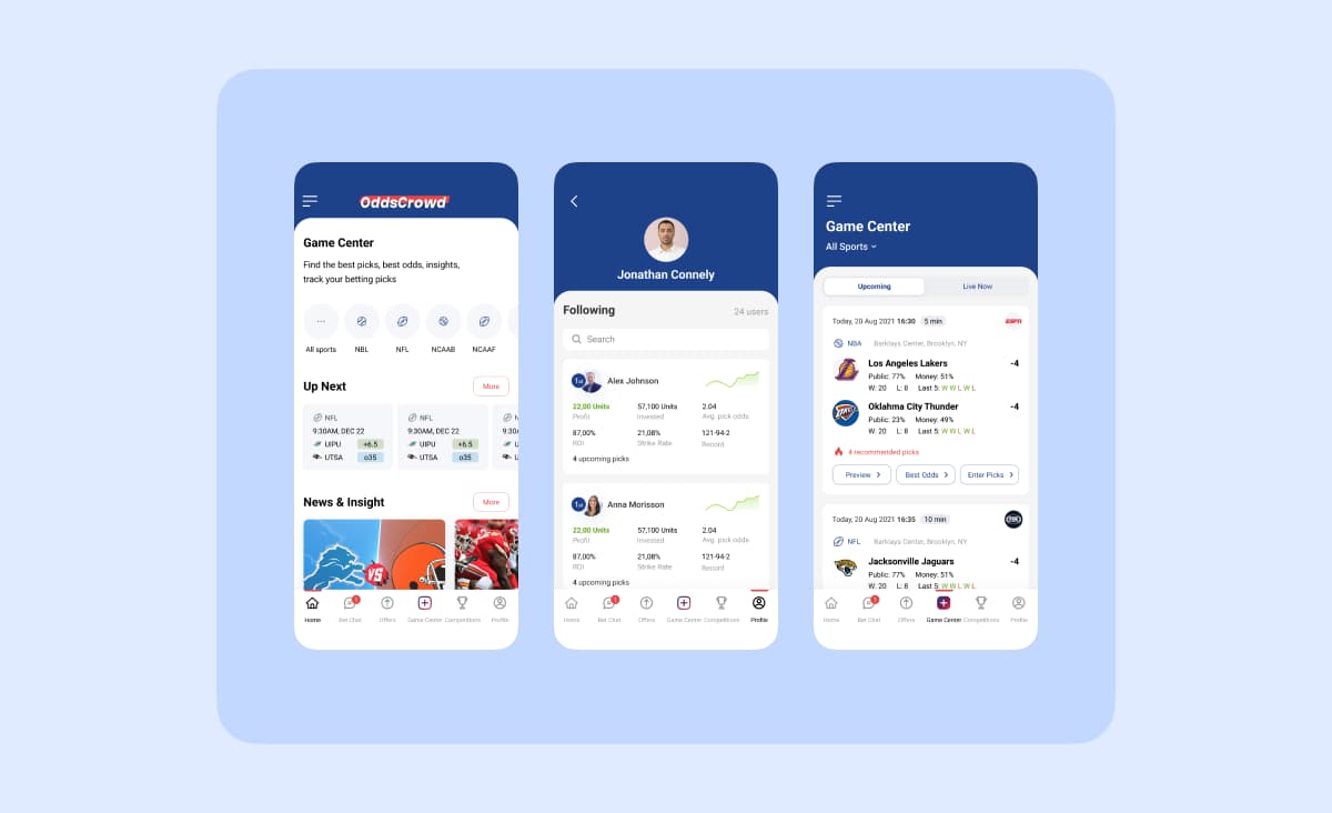 Enterprise mobile app development: screens of the Oddscrowd app for sports bettors