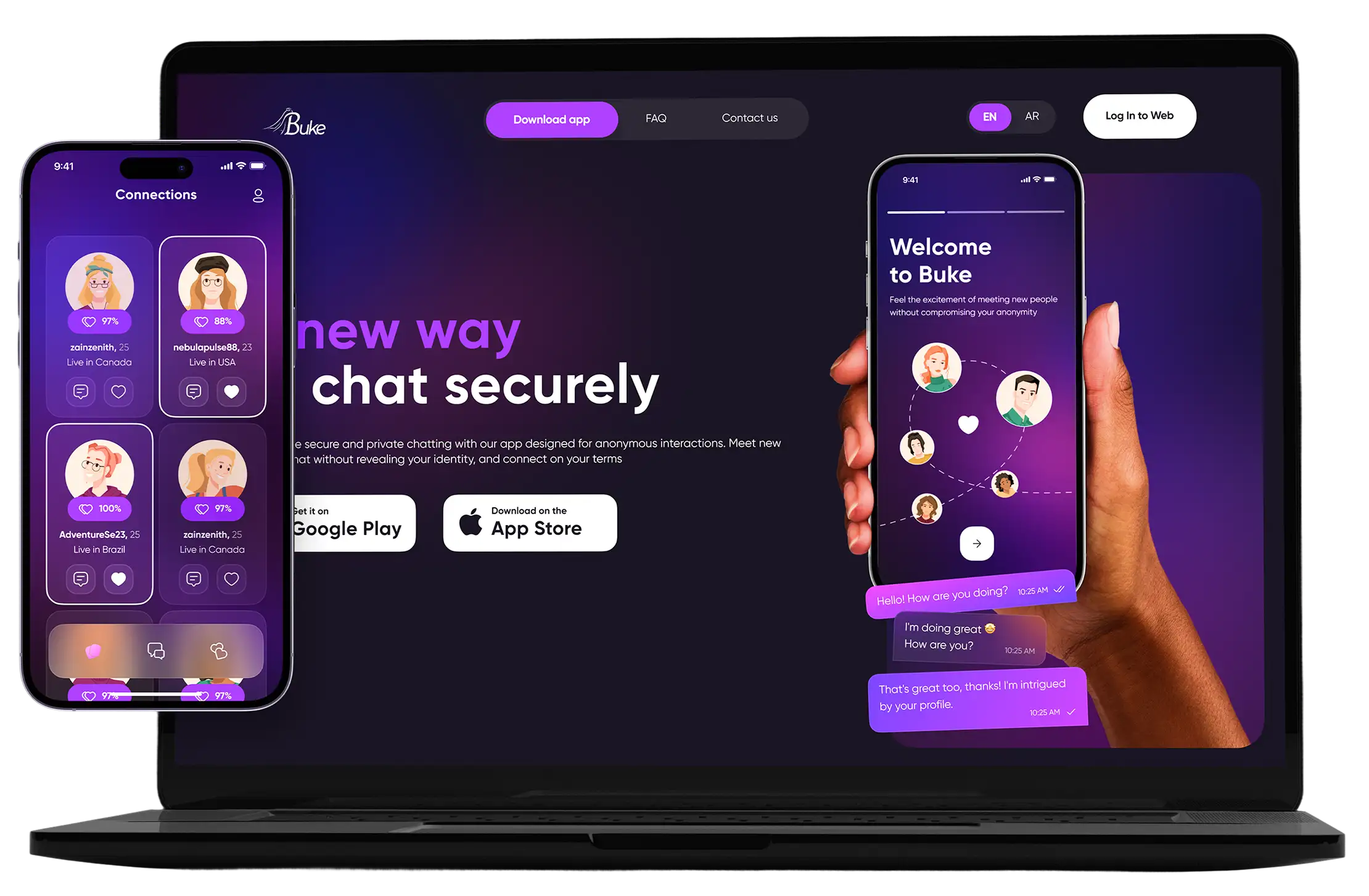 Buke product showcase — a laptop with the landing page and a phone running the app.
