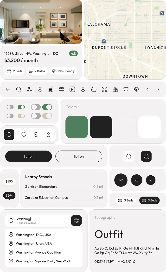 Design system sheet of the app's reusable UI components and controls.