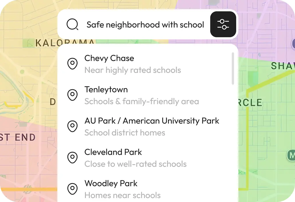 App map search for a safe neighborhood with schools, suggesting Washington DC areas such as Chevy Chase and Tenleytown.