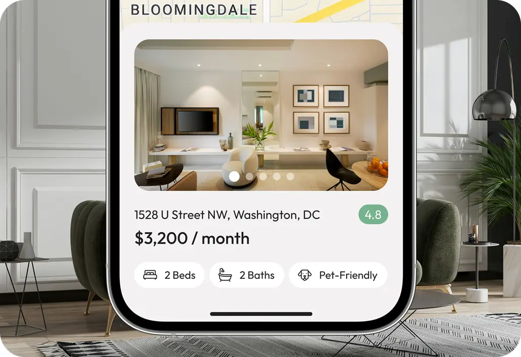 App listing card showing a $3,200/month rental with photo and details.
