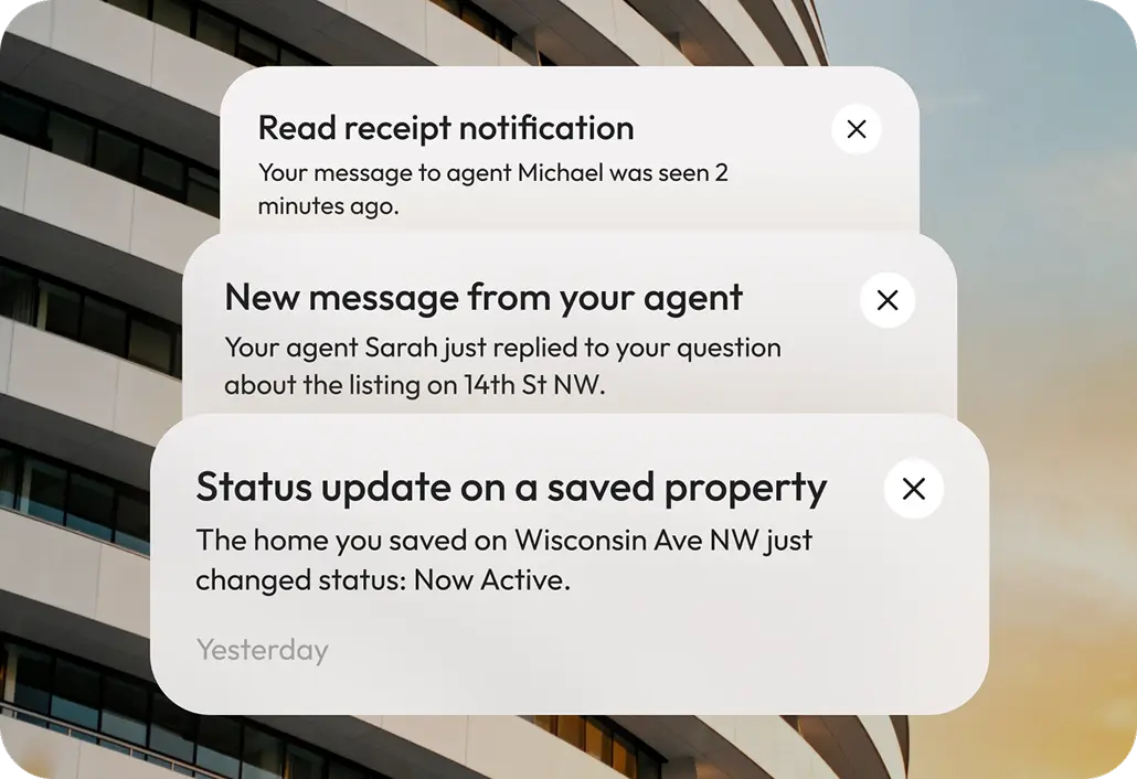 App notifications showing a read receipt, a new agent message and a saved-property status update.