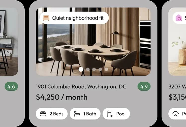 Row of app property listing cards with photos, prices, and recommendation tags like Near top-rated schools.