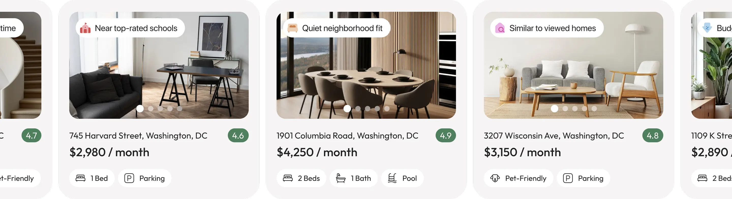 Row of app property listing cards with photos, prices, and recommendation tags like Near top-rated schools.