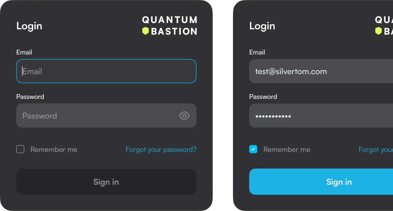 Login screens with email and password sign-in fields.
