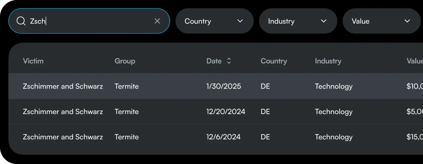 Search view with filters and a dark results data table.