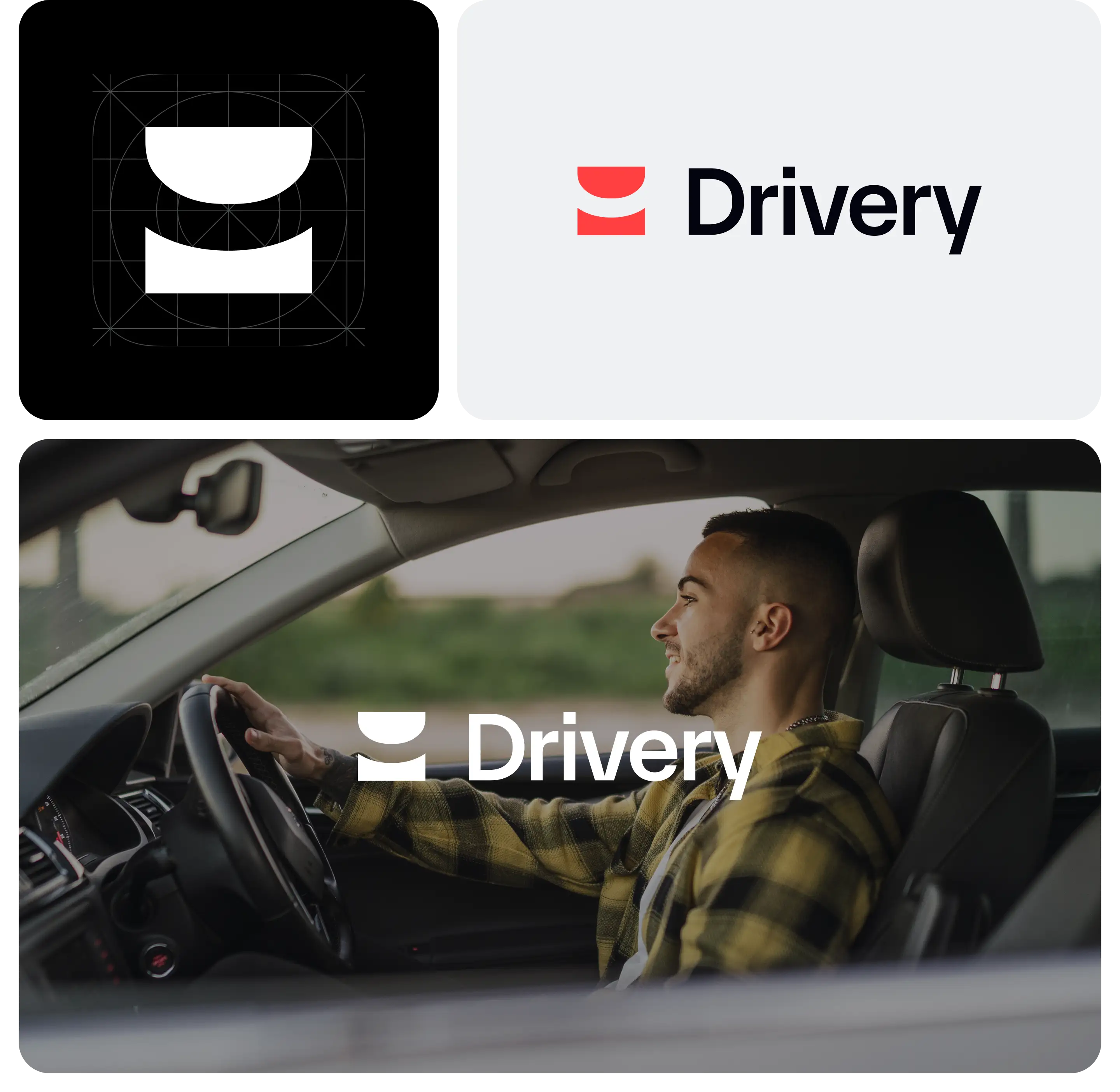 Drivery logo construction grid and wordmark shown above a driver at the wheel of a car.