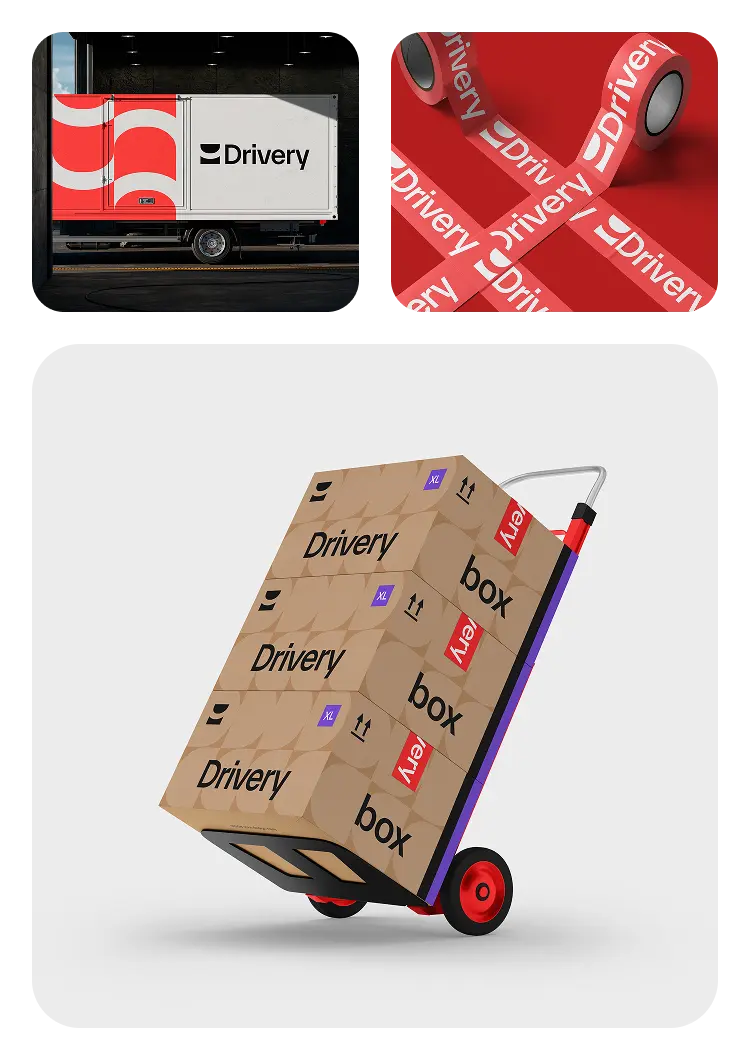 Drivery branding on a delivery truck, branded parcel boxes on a hand cart, and rolls of red branded packing tape.
