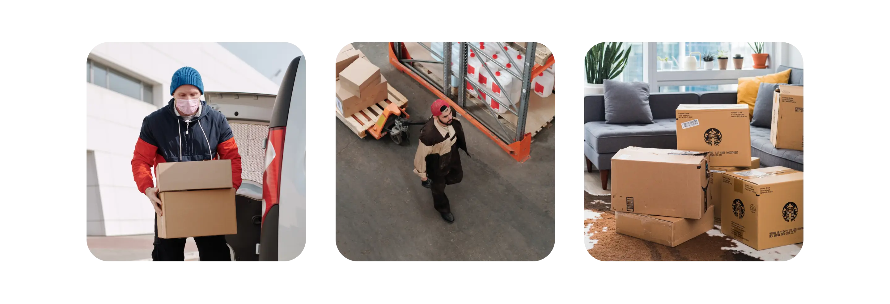Drivery delivery stages: a courier unloading parcels, a warehouse worker and boxes delivered to a home.