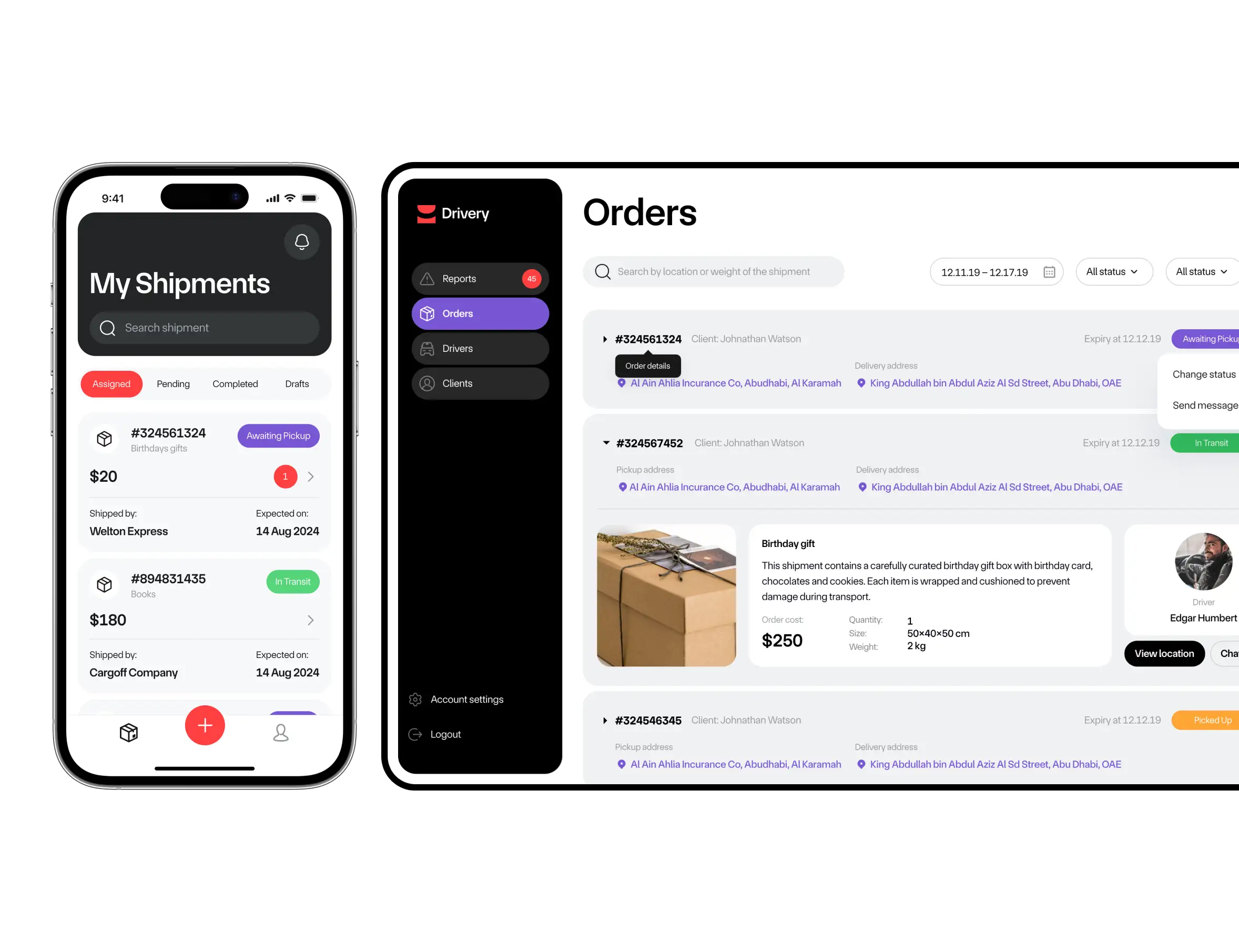 Drivery mobile and web interfaces showing order management dashboards.