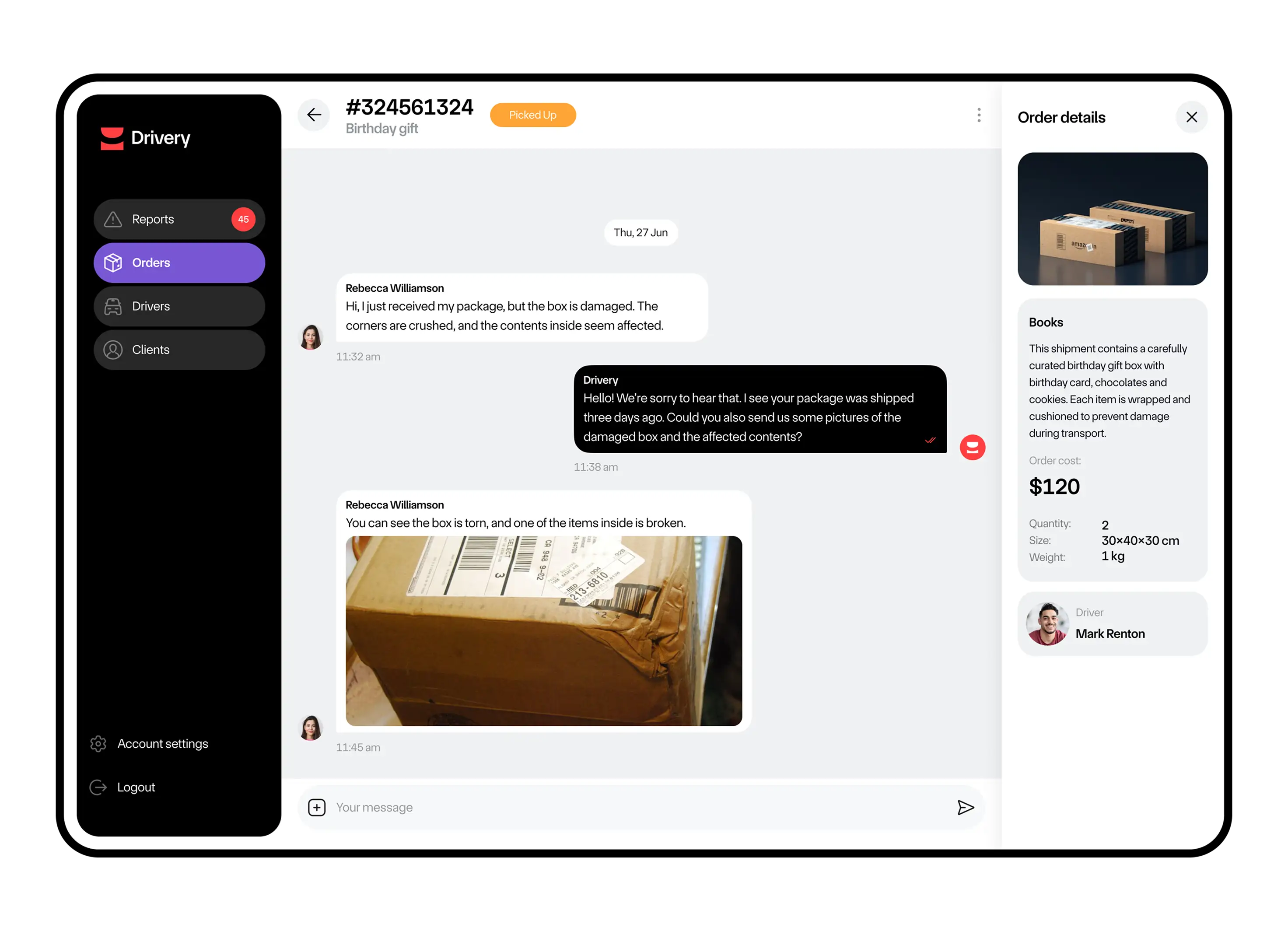 Drivery admin panel with a customer chat about a damaged parcel and the related order details.