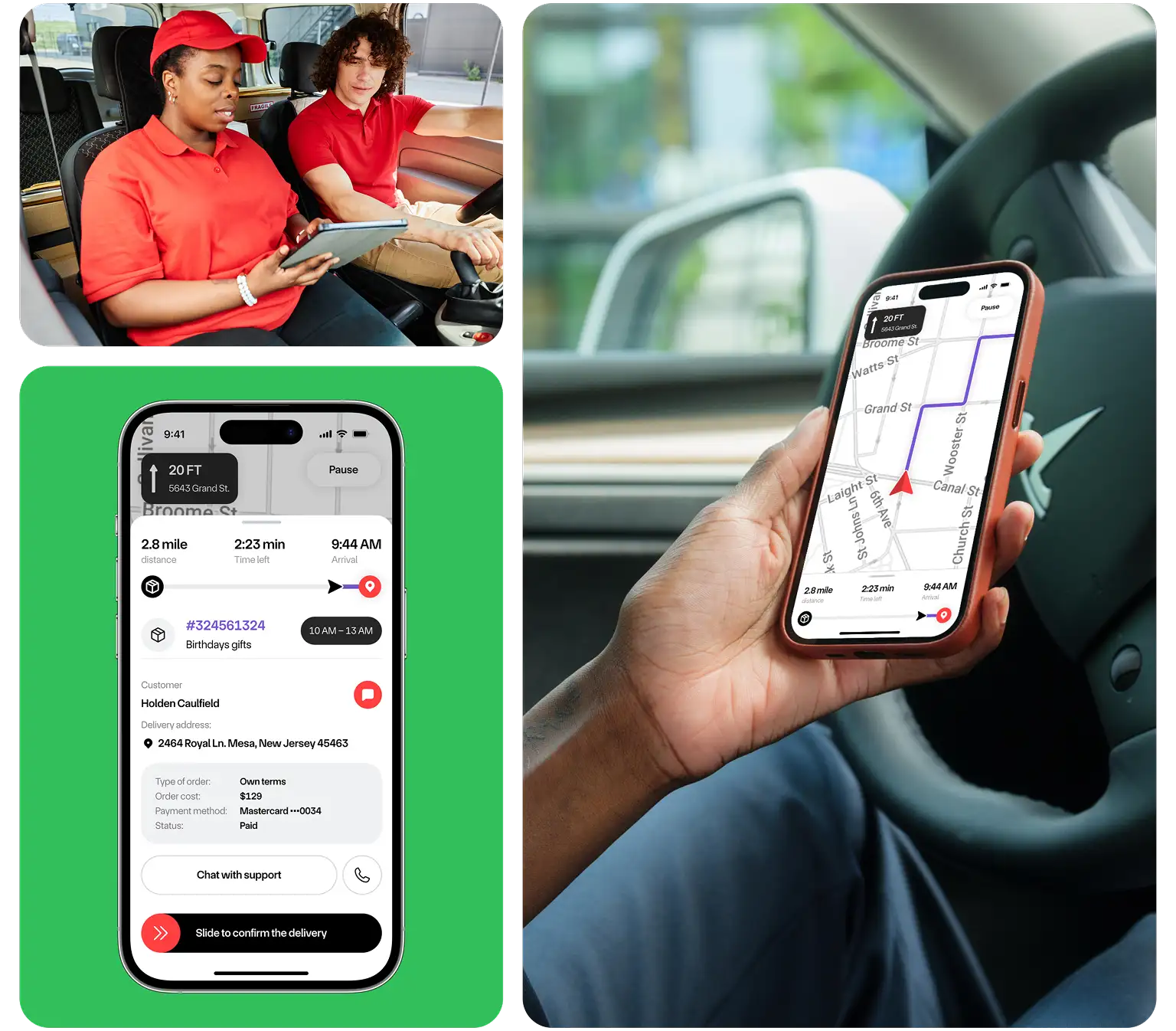 Courier driving while using the Drivery app to optimize a delivery route.