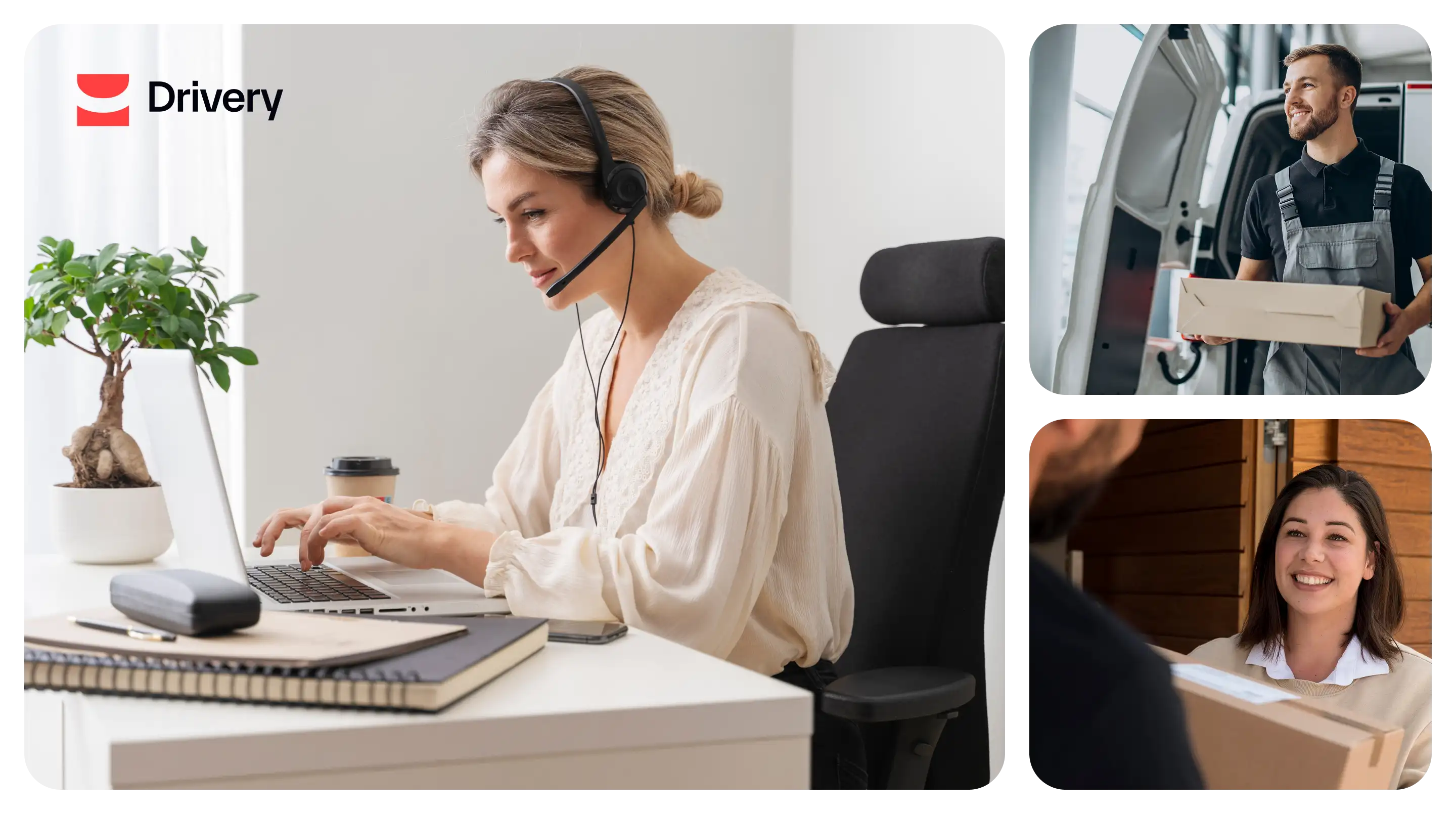 Drivery workflow with a support operator, courier carrying a parcel and customer receiving a delivery.
