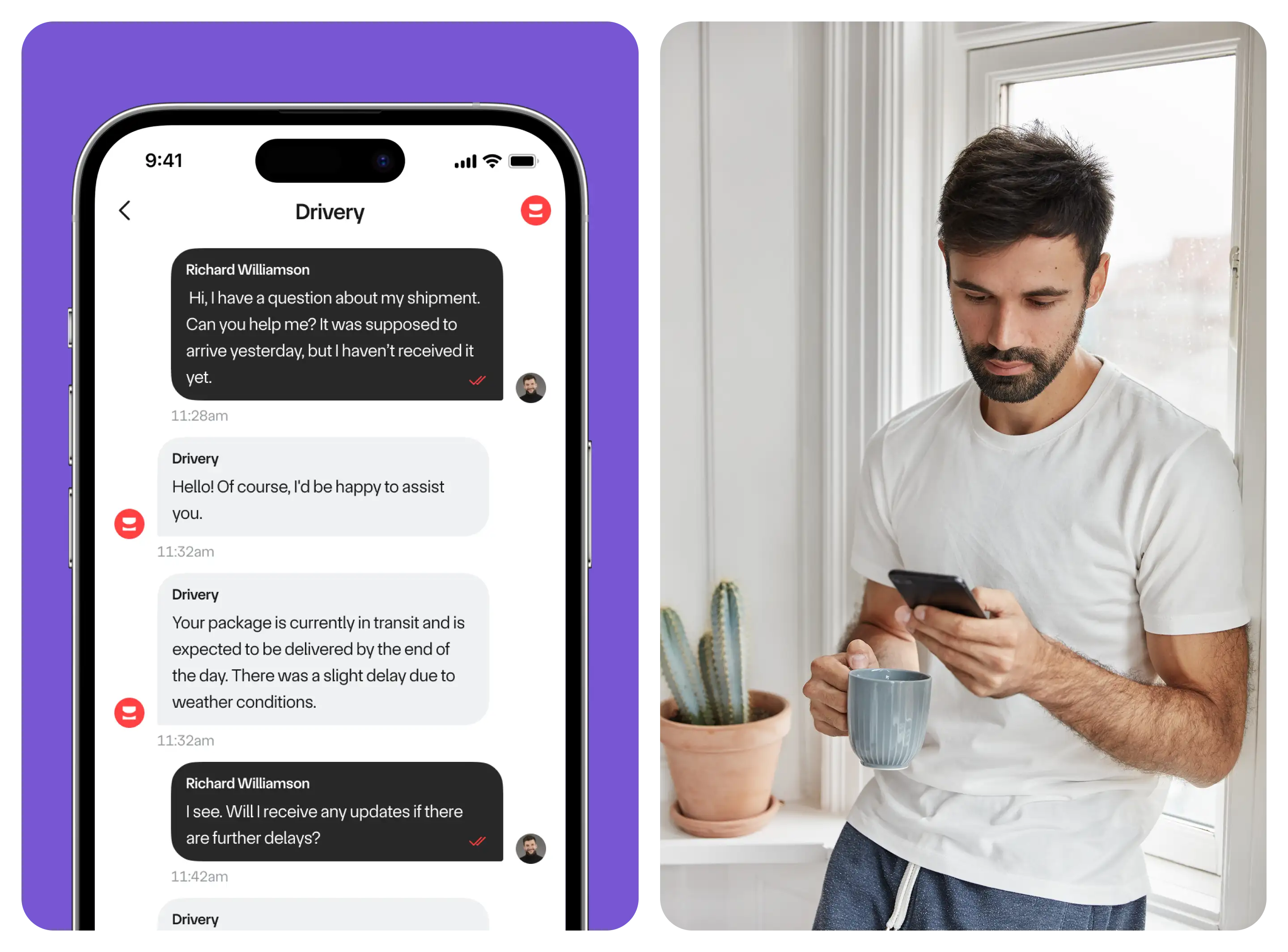 Drivery mobile support chat screen beside a man reading a message on his phone by a window.