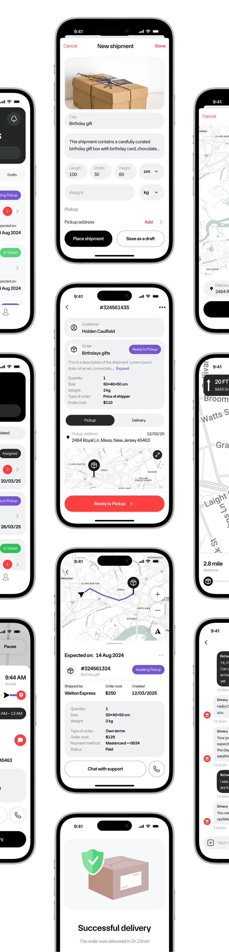 Grid of Drivery mobile app screens covering orders, tracking and delivery flows.