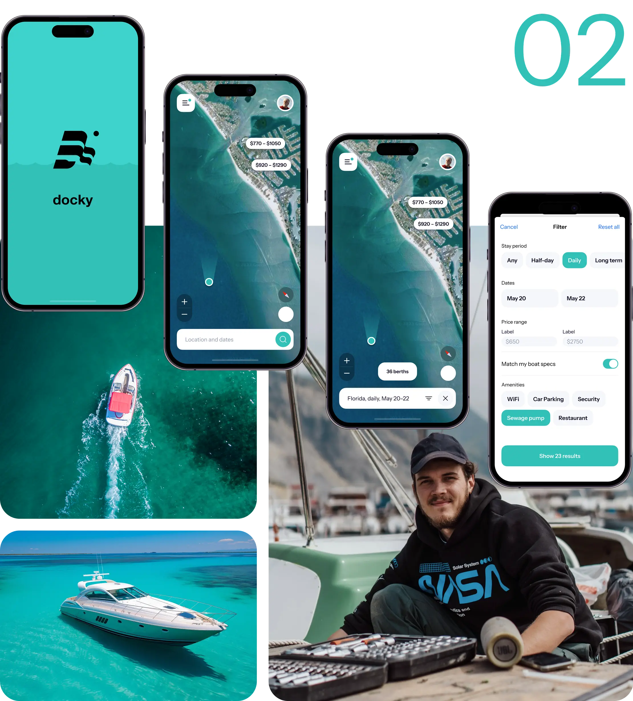 Docky mobile screens with marina photo on a teal cover marked 02.