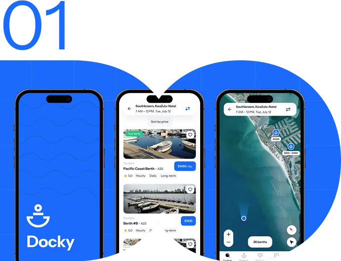 Docky app screens with berth listings and a marina map on a blue cover marked 01.